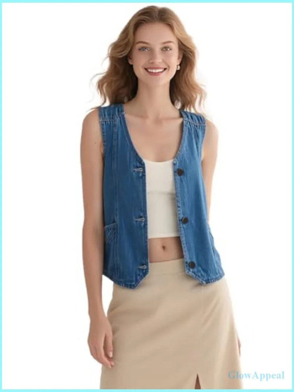 Denim Sleeveless Casual Vest, V Neck Button Front with Pockets